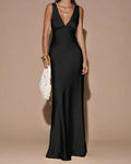 Minimalist Deep V-Neck Backless Maxi Dress for Women – Sleeveless Elegant Party Gown