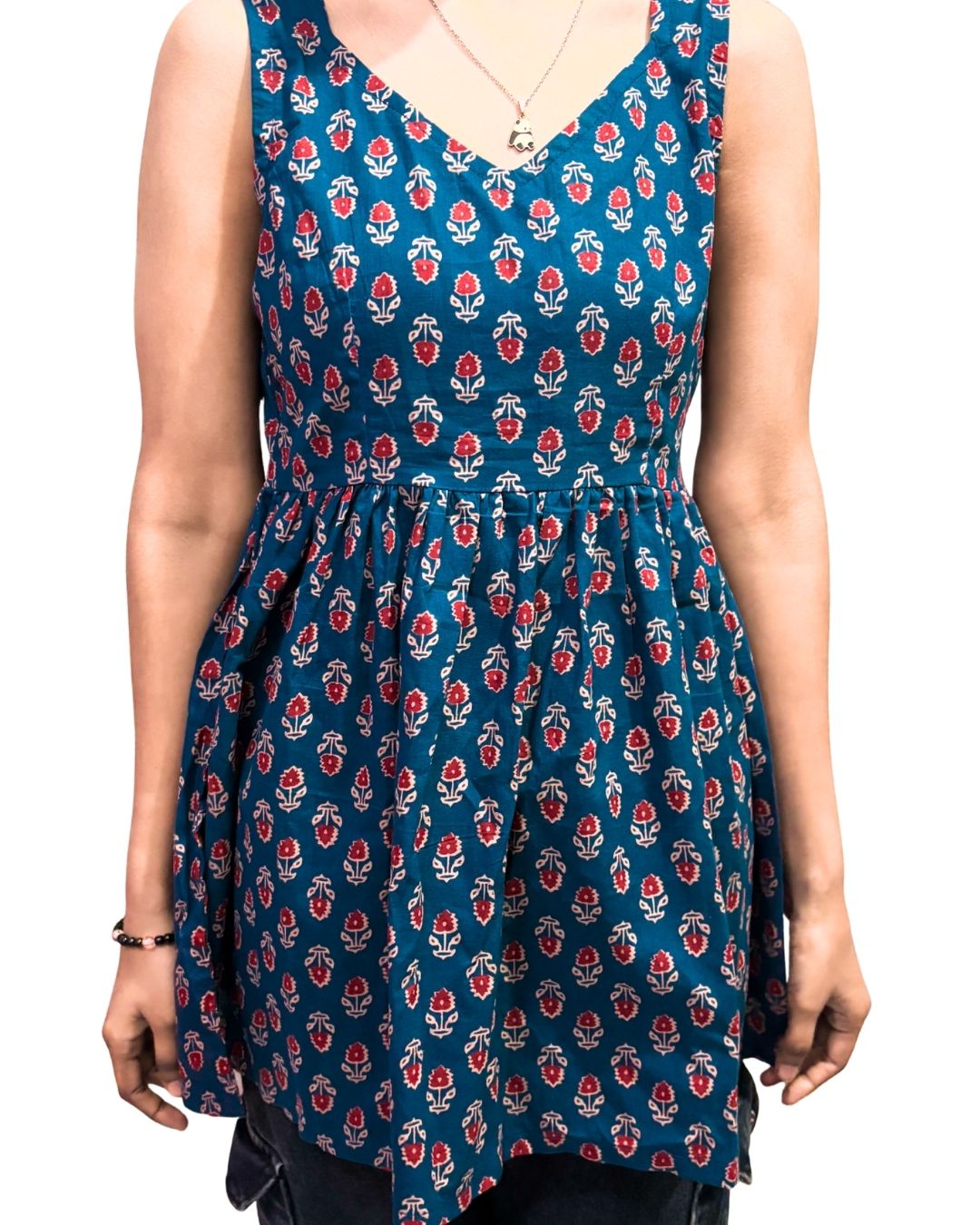 Teal Blue Floral Printed Sleeveless Kurti for Women | Cotton Ethnic Casual Wear