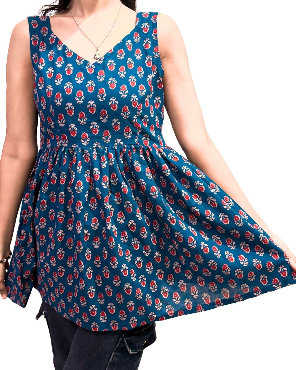 Teal Blue Floral Printed Sleeveless Kurti for Women | Cotton Ethnic Casual Wear
