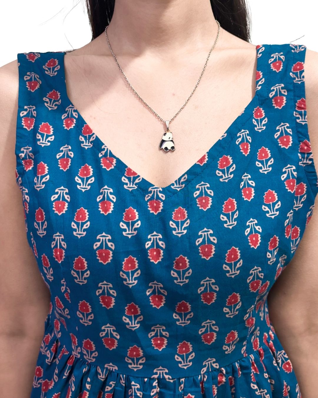 Teal Blue Floral Printed Sleeveless Kurti for Women | Cotton Ethnic Casual Wear
