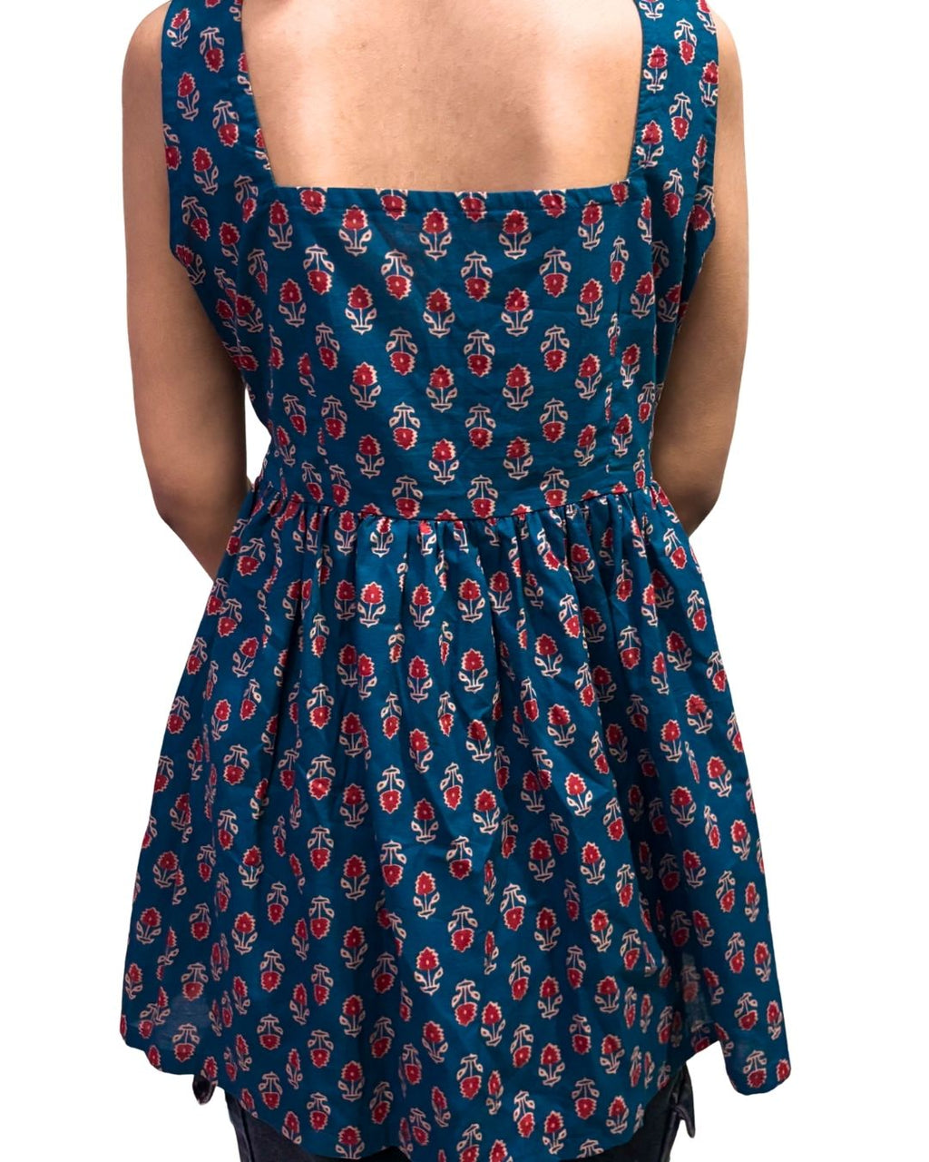 Teal Blue Floral Printed Sleeveless Kurti for Women | Cotton Ethnic Casual Wear
