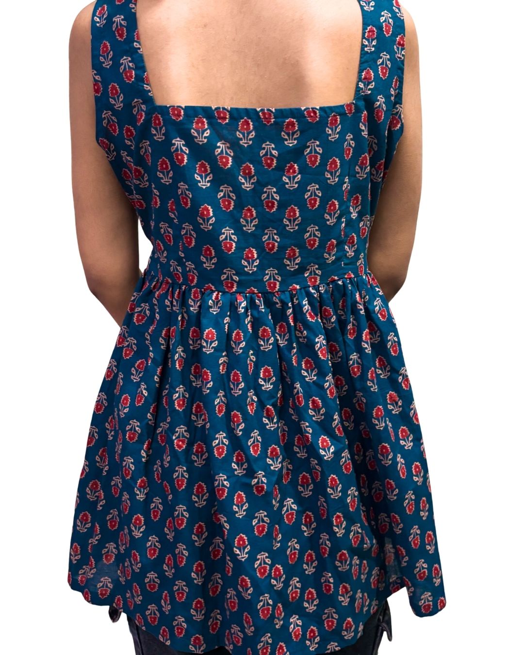 Teal Blue Floral Printed Sleeveless Kurti for Women | Cotton Ethnic Casual Wear