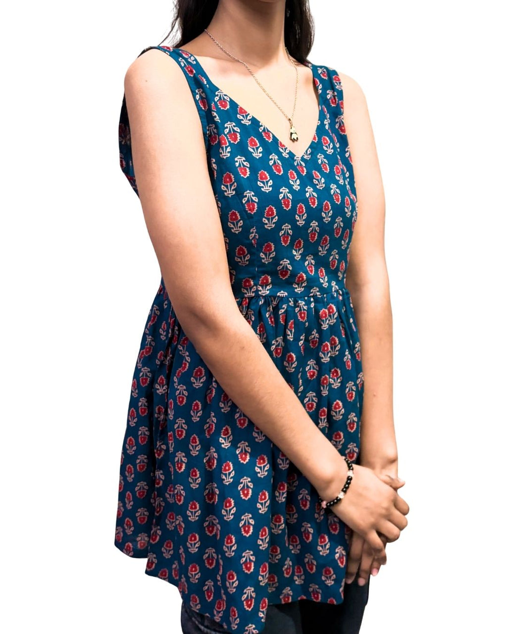 Teal Blue Floral Printed Sleeveless Kurti for Women | Cotton Ethnic Casual Wear