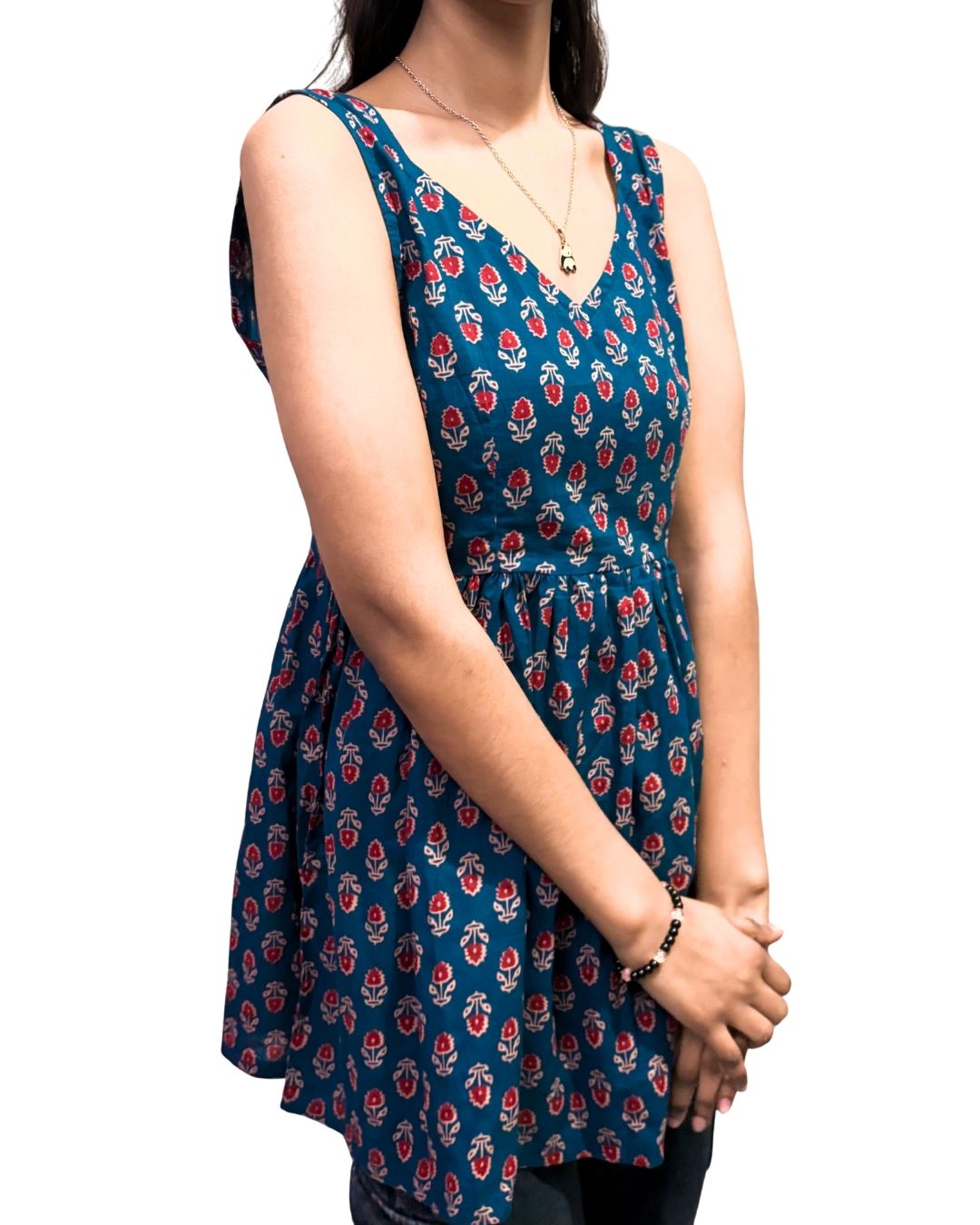 Teal Blue Floral Printed Sleeveless Kurti for Women | Cotton Ethnic Casual Wear