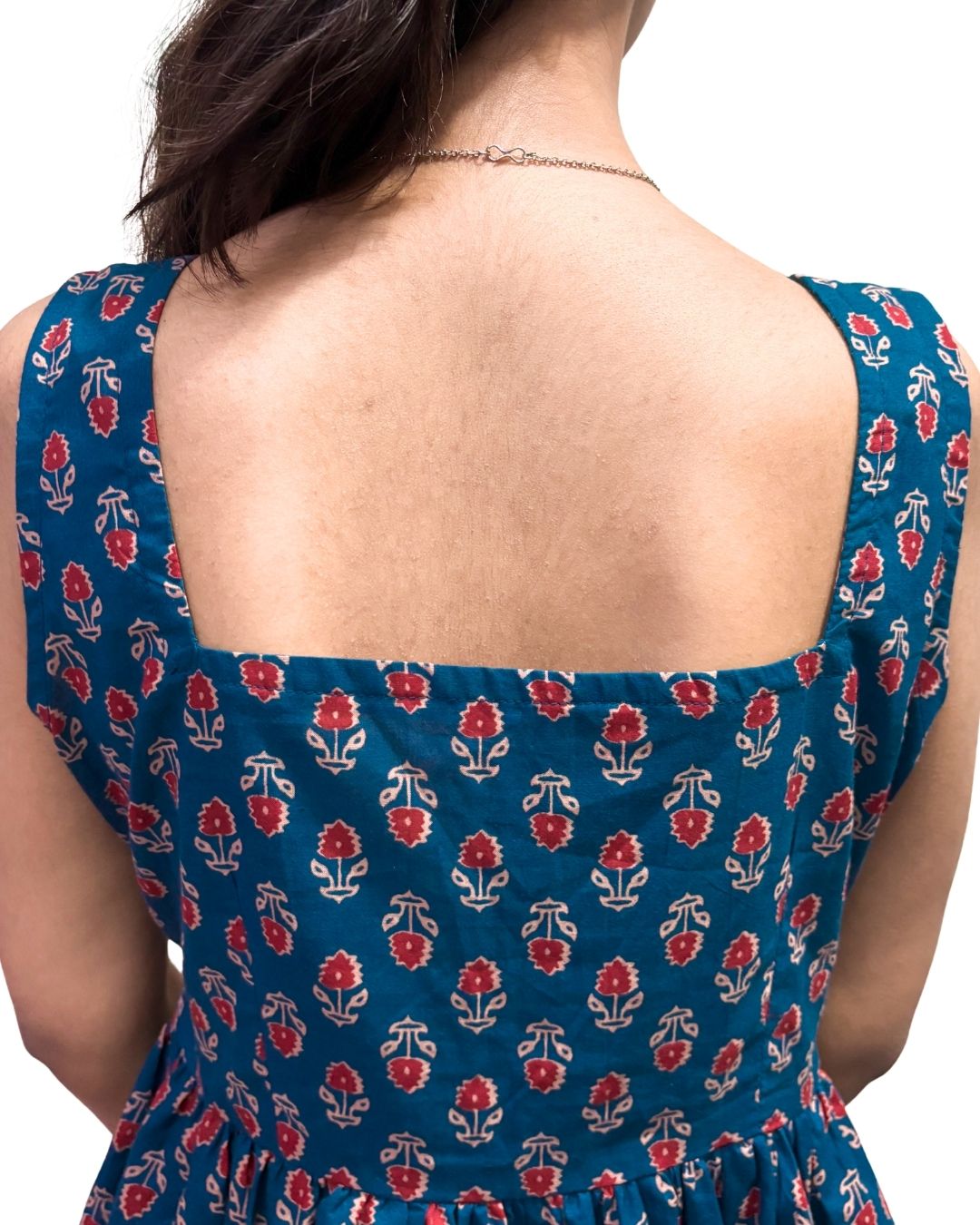 Teal Blue Floral Printed Sleeveless Kurti for Women | Cotton Ethnic Casual Wear