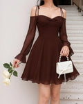 Chocolate Brown Off-Shoulder Flared Mini Dress for Women