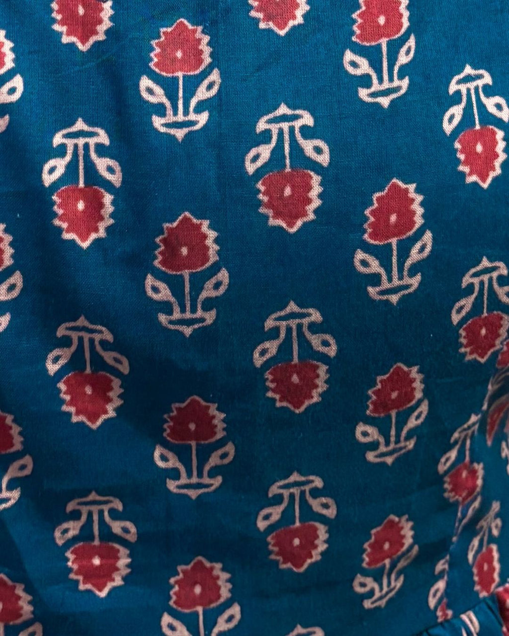 Teal Blue Floral Printed Sleeveless Kurti for Women | Cotton Ethnic Casual Wear