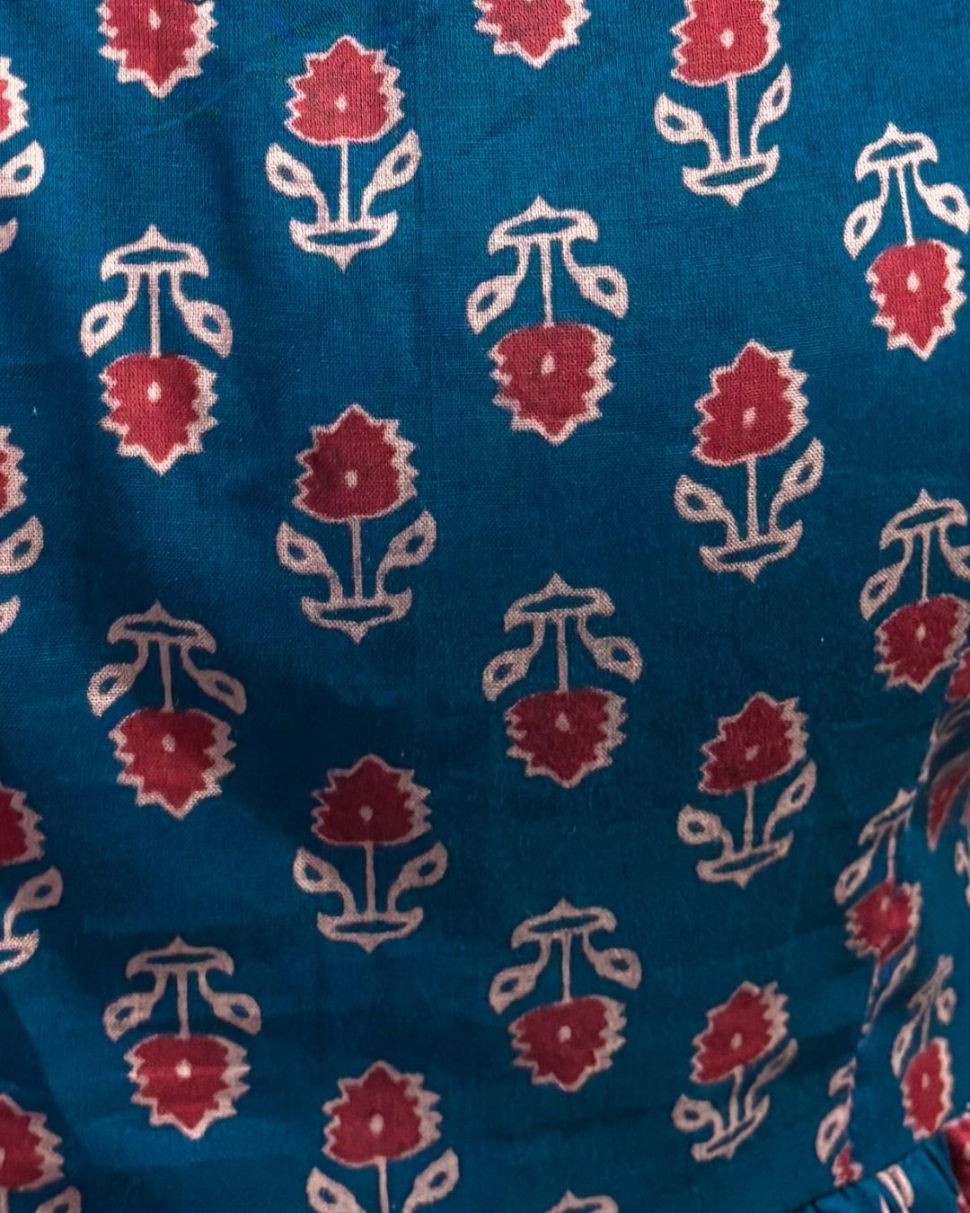 Teal Blue Floral Printed Sleeveless Kurti for Women | Cotton Ethnic Casual Wear