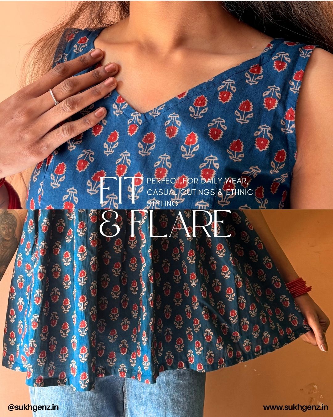 Teal Blue Floral Printed Sleeveless Kurti for Women | Cotton Ethnic Casual Wear