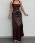 Brown Satin Halter Neck Maxi Dress | Elegant Party Wear for Women