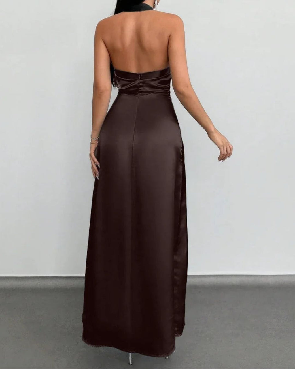 Brown Satin Halter Neck Maxi Dress | Elegant Party Wear for Women