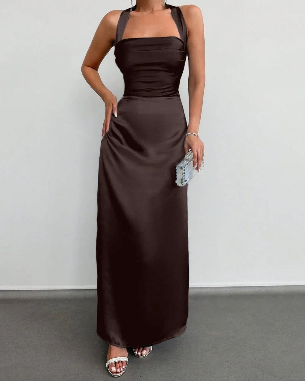 Brown Satin Halter Neck Maxi Dress | Elegant Party Wear for Women
