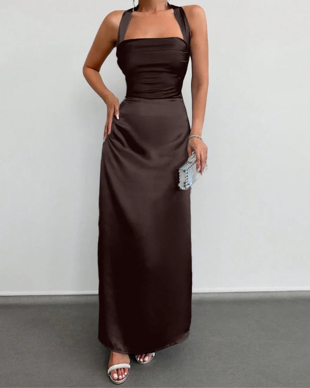 Brown Satin Halter Neck Maxi Dress | Elegant Party Wear for Women