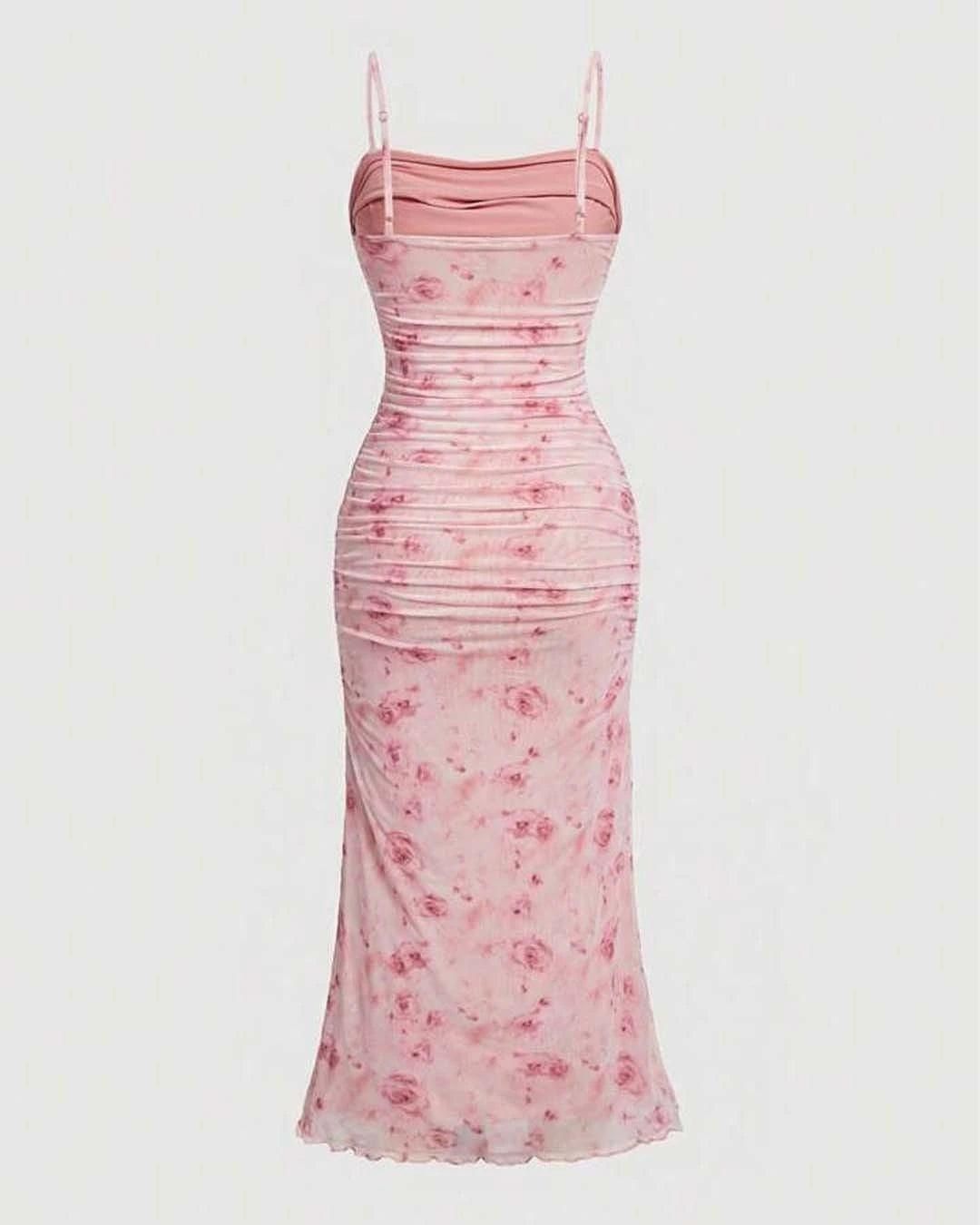 Pink Floral Ruched Midi Dress | Elegant Party Wear for Women
