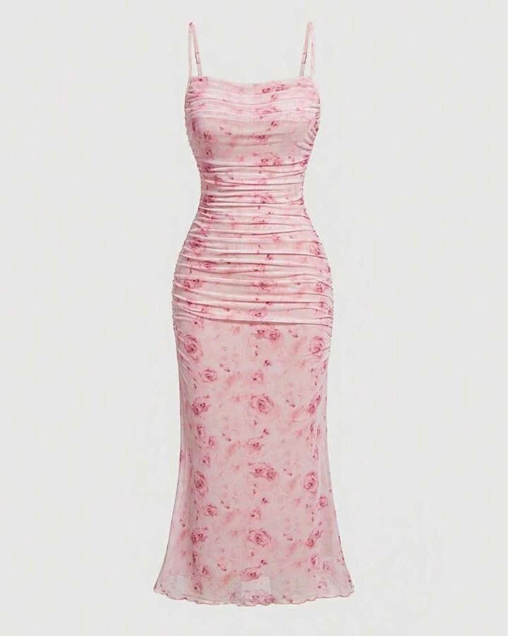 Pink Floral Ruched Midi Dress | Elegant Party Wear for Women