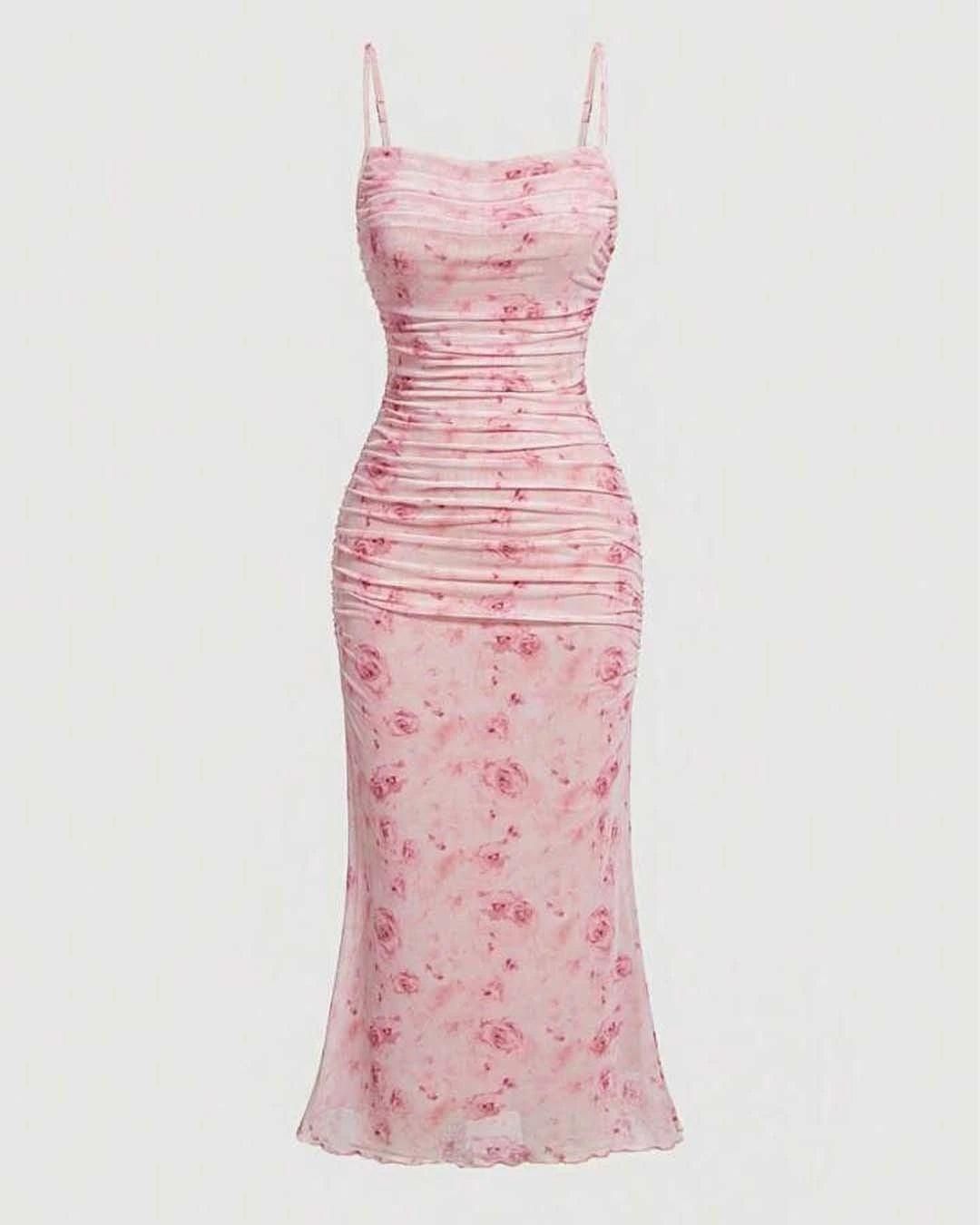 Pink Floral Ruched Midi Dress | Elegant Party Wear for Women