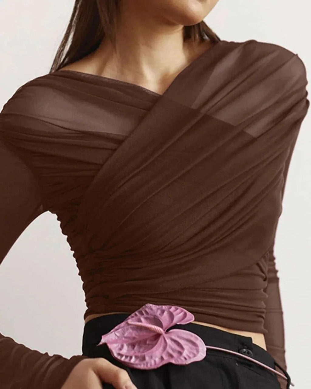 Brown Off-Shoulder Ruched Mesh Top | Trendy Western Top for Women