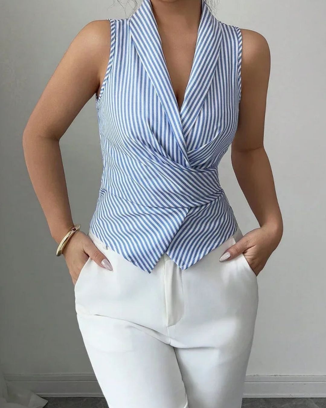 Blue & White Striped Wrap Top | Sleeveless Western Top for Women