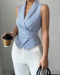 Blue & White Striped Wrap Top | Sleeveless Western Top for Women