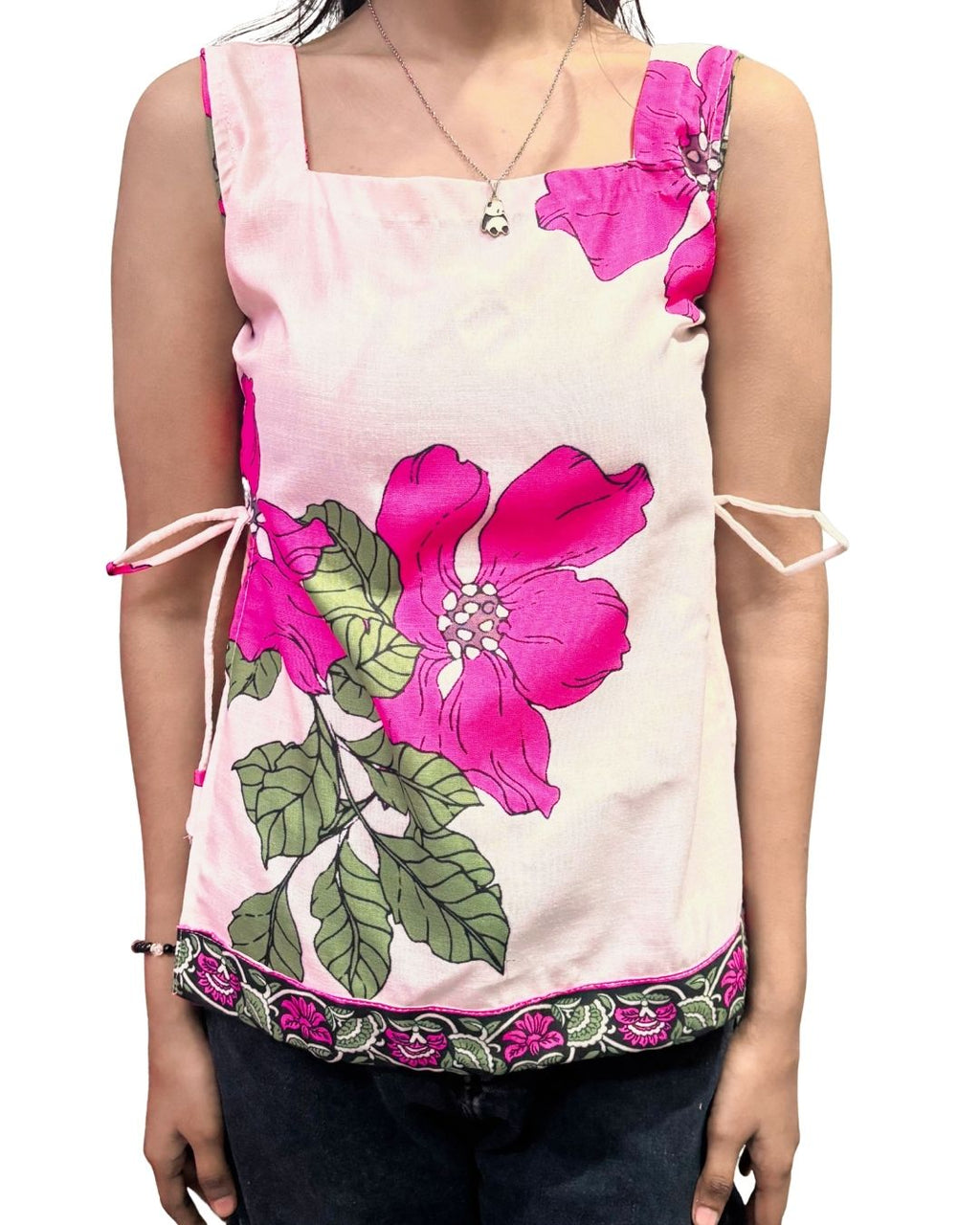 Pink Floral Printed Sleeveless Top for Women | Casual Summer Wear with Side Tie-Ups