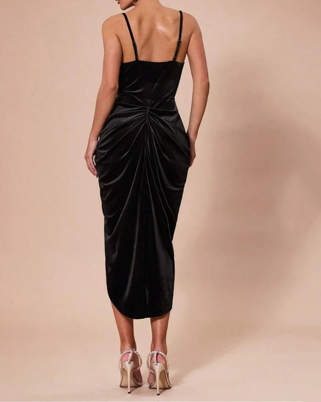 Black Draped Satin Midi Dress with Slit | Elegant Party Wear Dress for Women