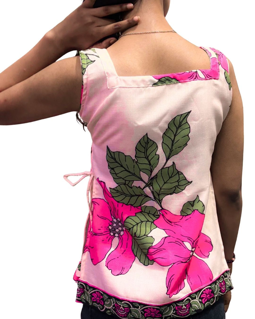 Pink Floral Printed Sleeveless Top for Women | Casual Summer Wear with Side Tie-Ups