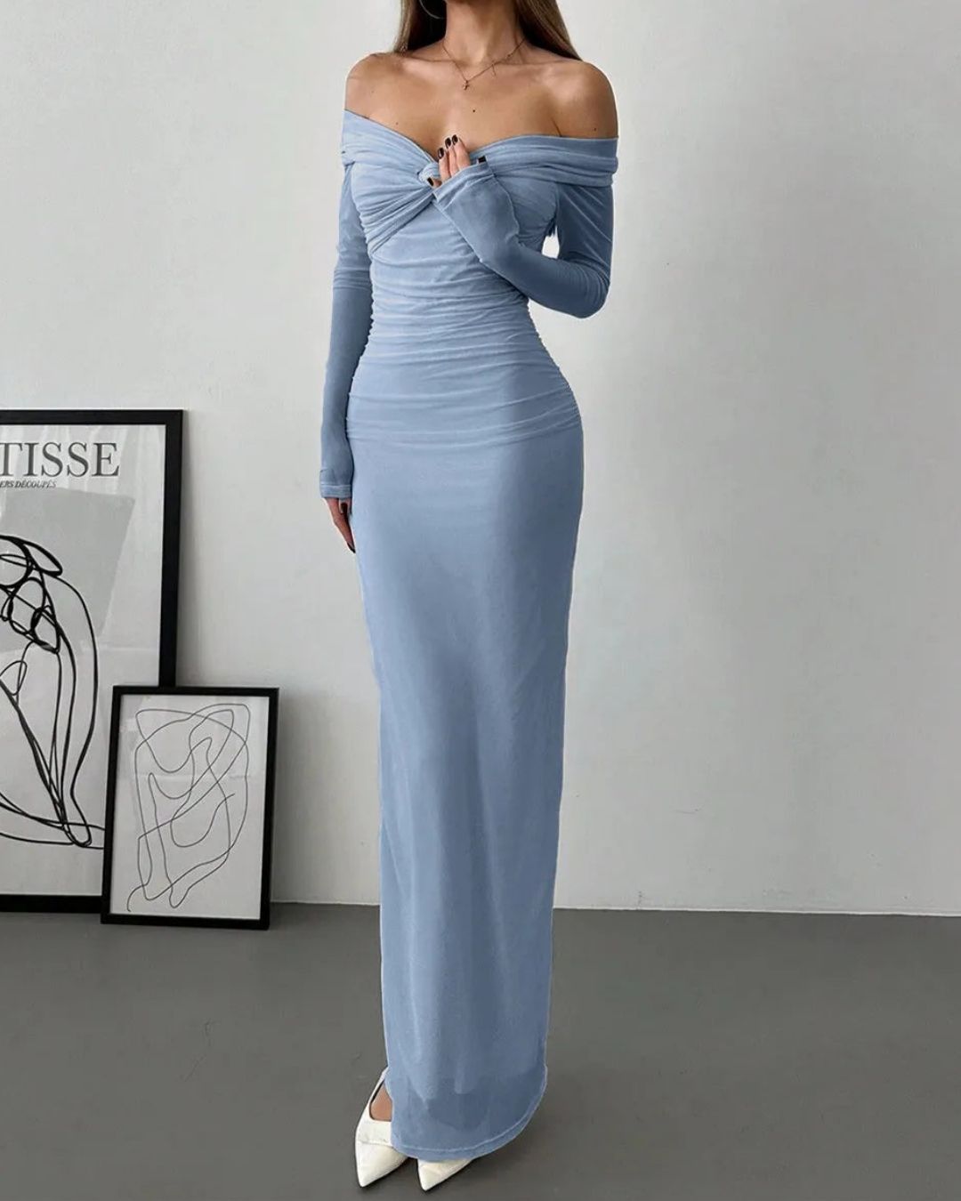 Blue Off-Shoulder Bodycon Maxi Dress | Elegant Long Party Wear Dress for Women