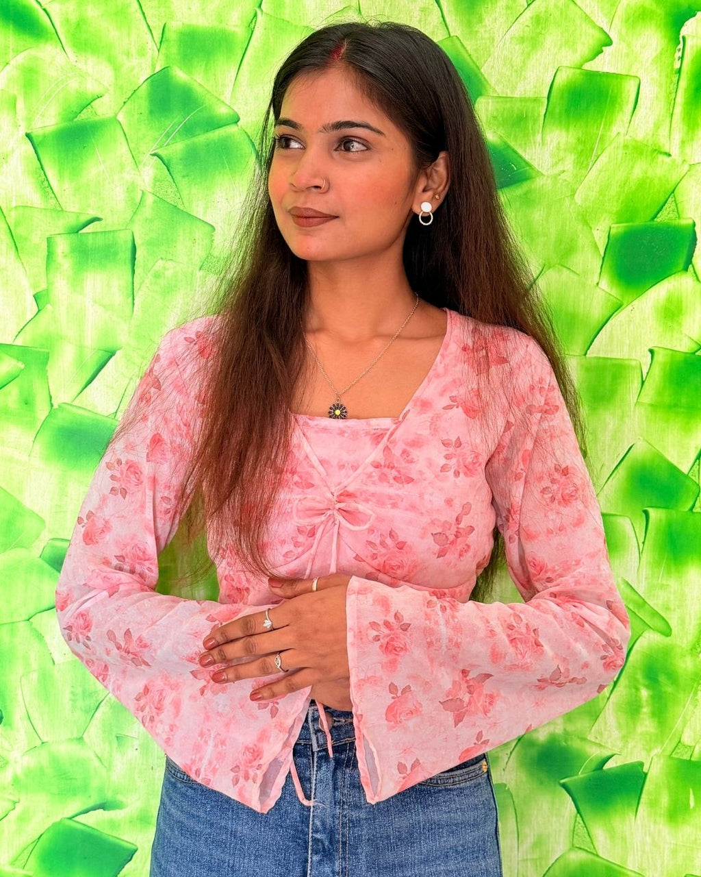 Pink Floral Sheer Tie-Up Top for Women | Long Sleeve Western Wear Top