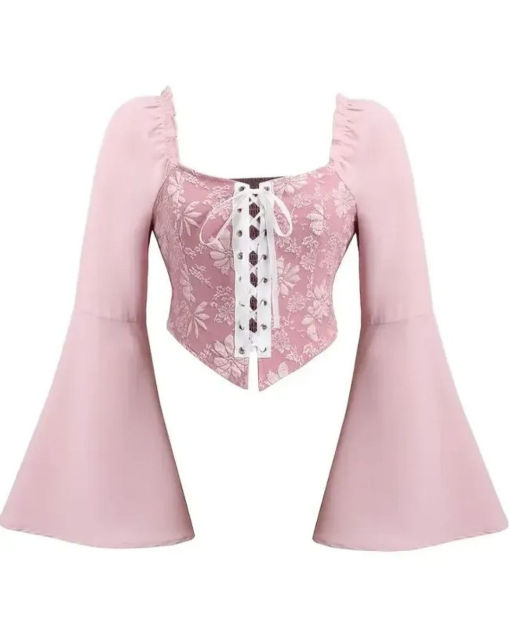 Pink Floral Corset Top | Lace-Up Bell Sleeve Western Top