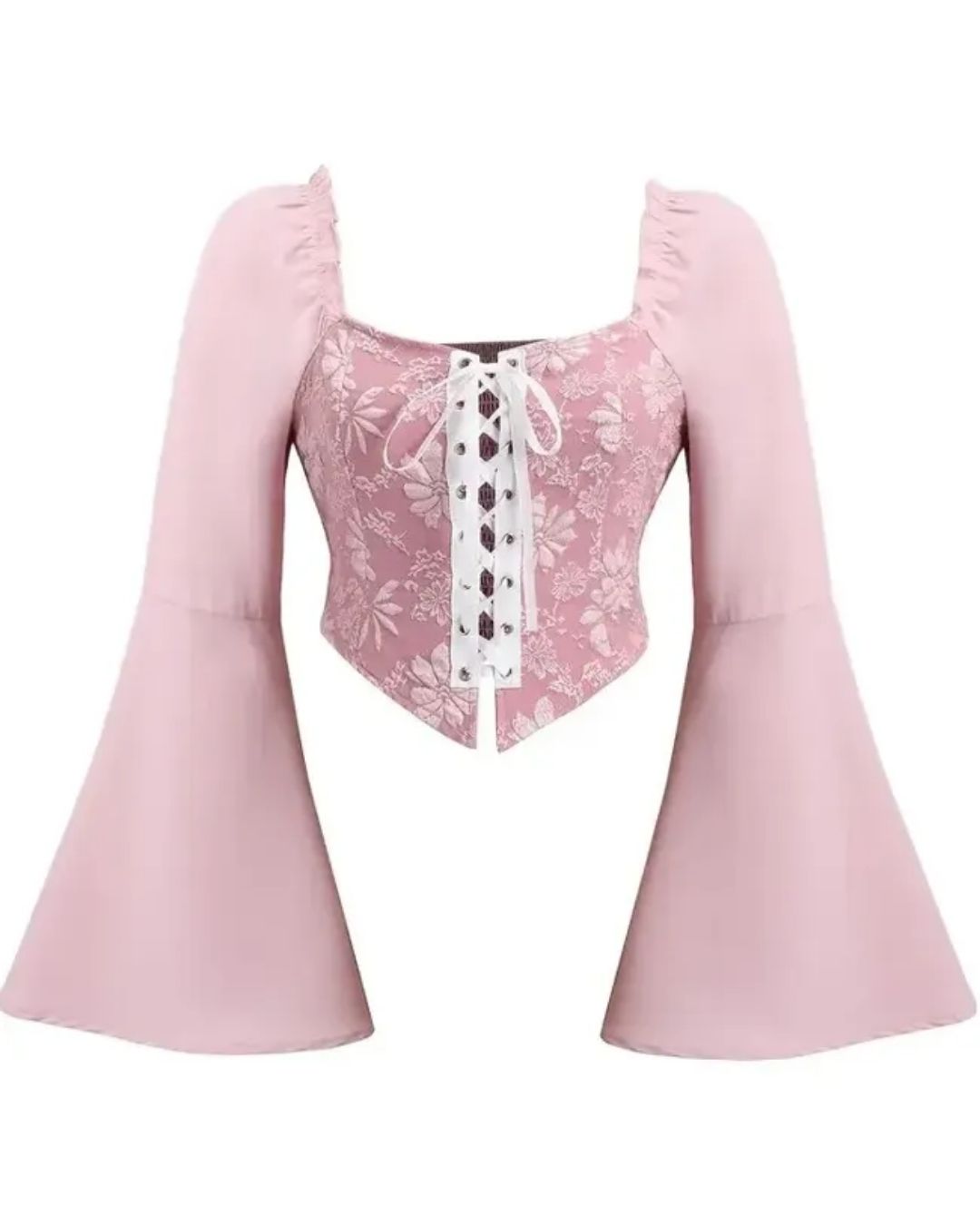 Pink Floral Corset Top | Lace-Up Bell Sleeve Western Top