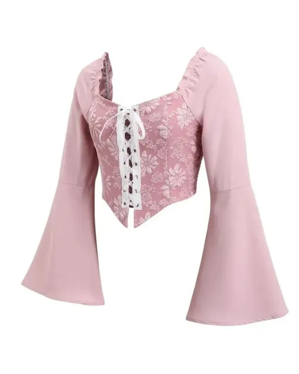 Pink Floral Corset Top | Lace-Up Bell Sleeve Western Top