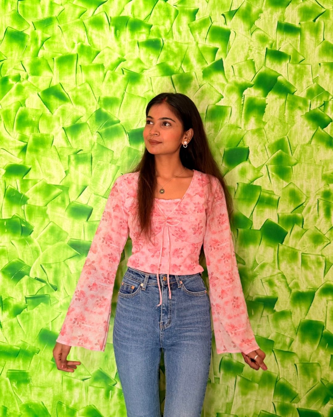 Pink Floral Sheer Tie-Up Top for Women | Long Sleeve Western Wear Top