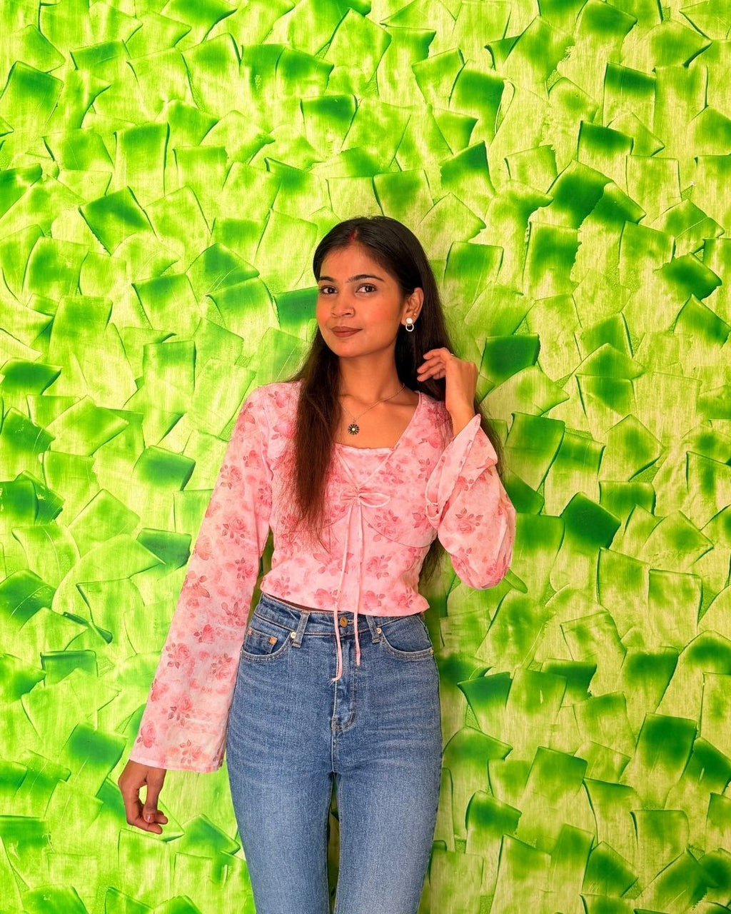 Pink Floral Sheer Tie-Up Top for Women | Long Sleeve Western Wear Top