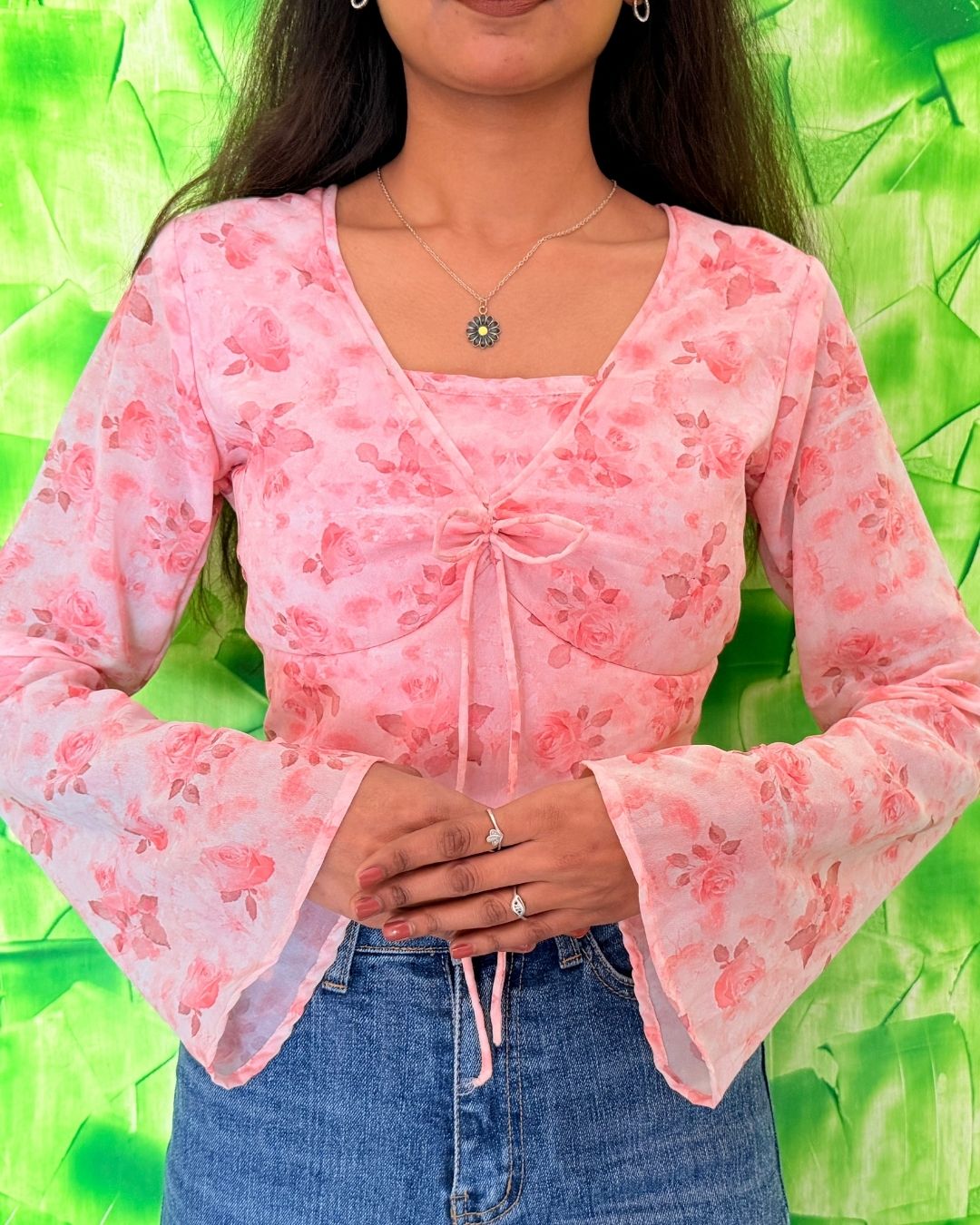 Pink Floral Sheer Tie-Up Top for Women | Long Sleeve Western Wear Top