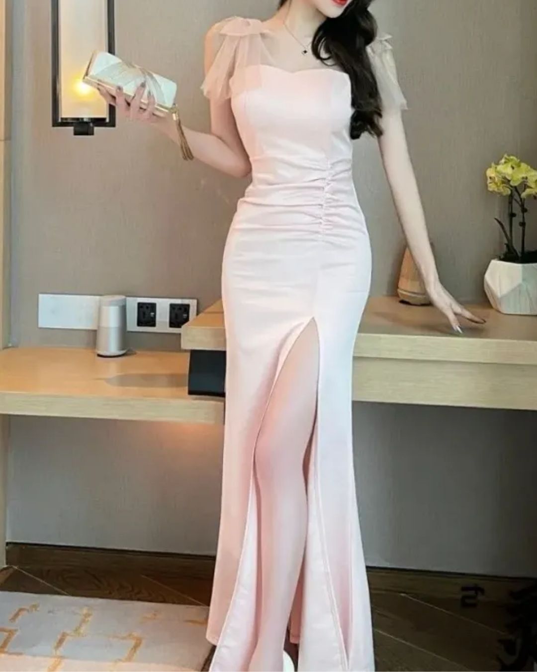 Blush Pink One-Shoulder Ruched Maxi Dress | Elegant Party Wear