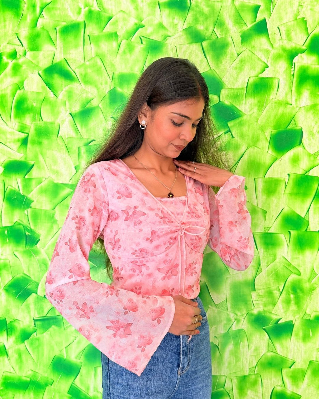 Pink Floral Sheer Tie-Up Top for Women | Long Sleeve Western Wear Top