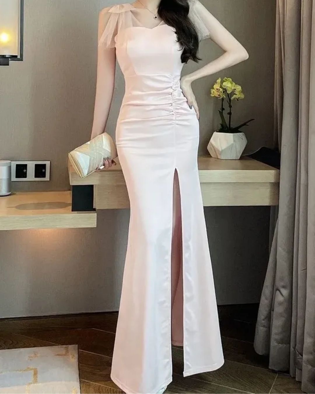 Blush Pink One-Shoulder Ruched Maxi Dress | Elegant Party Wear