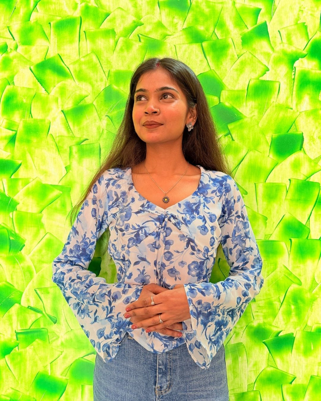 Sky Blue Floral Sheer Tie-Up Top for Women | Long Sleeve Western Wear Top