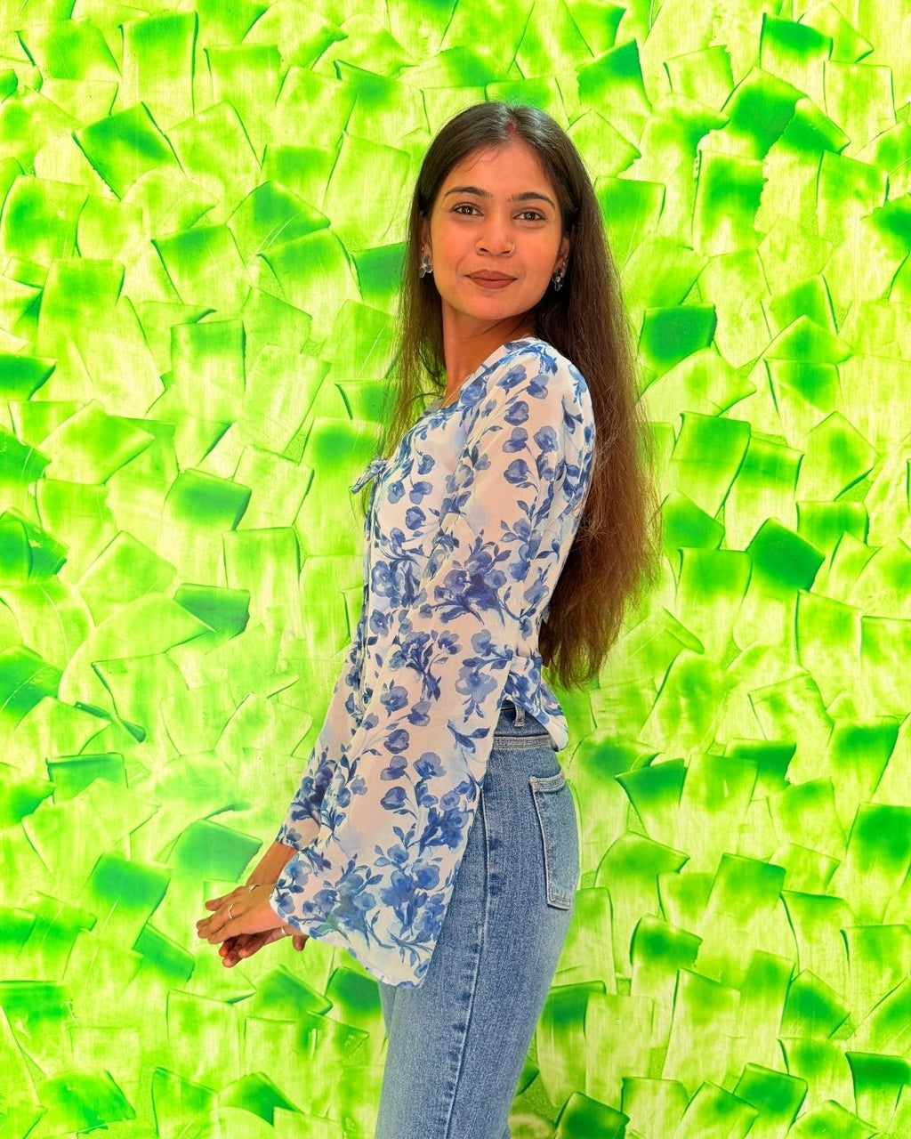 Sky Blue Floral Sheer Tie-Up Top for Women | Long Sleeve Western Wear Top