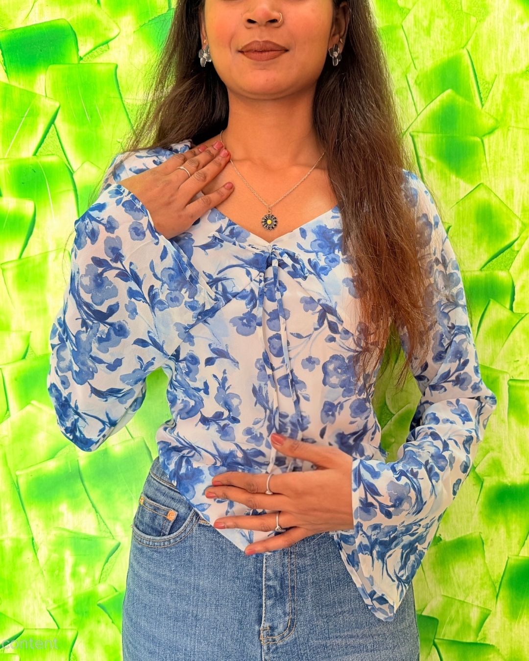 Sky Blue Floral Sheer Tie-Up Top for Women | Long Sleeve Western Wear Top