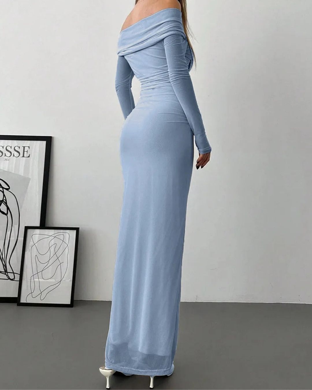Blue Off-Shoulder Bodycon Maxi Dress | Elegant Long Party Wear Dress for Women