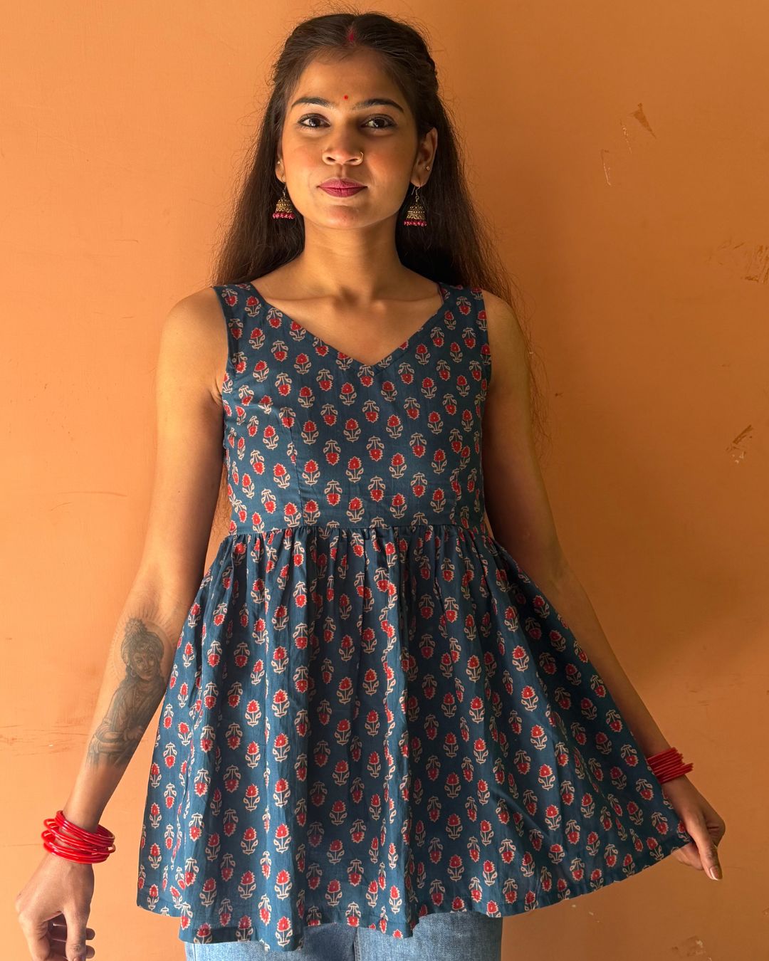 Teal Blue Floral Printed Sleeveless Kurti for Women | Cotton Ethnic Casual Wear