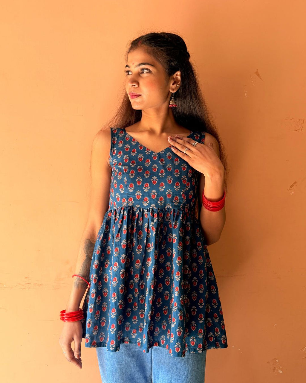 Teal Blue Floral Printed Sleeveless Kurti for Women | Cotton Ethnic Casual Wear