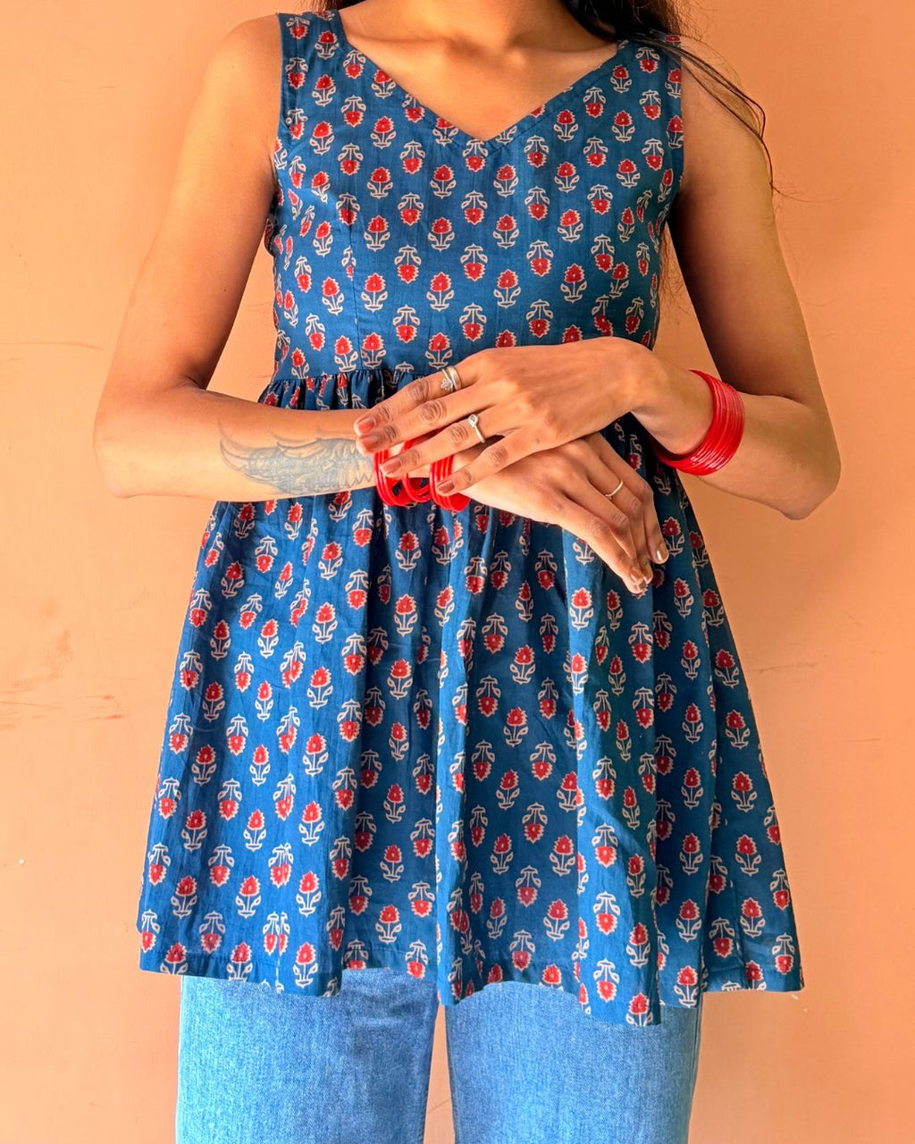 Teal Blue Floral Printed Sleeveless Kurti for Women | Cotton Ethnic Casual Wear
